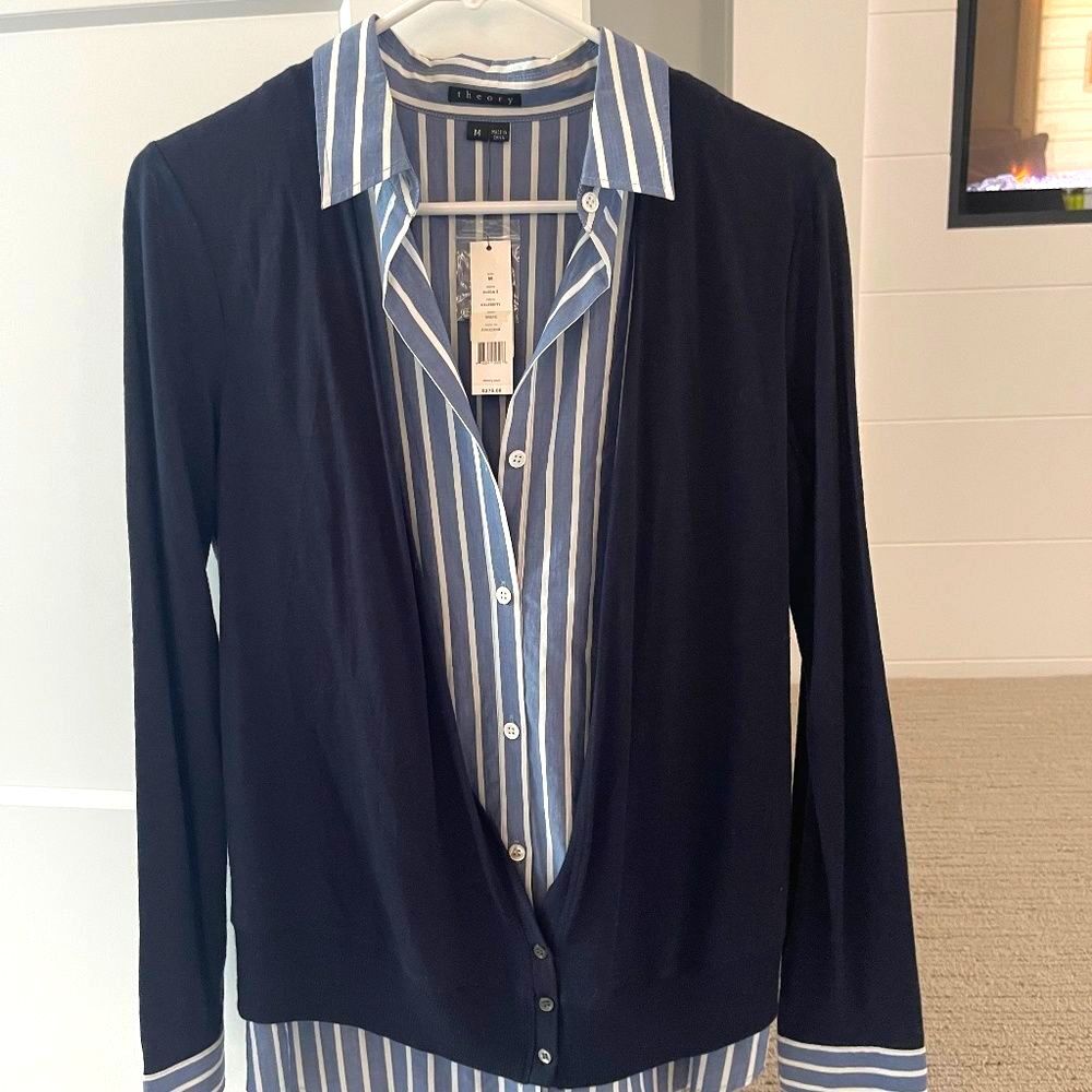 THEORY Beautiful, Rare Double Layer Navy Collared Sweater Sz M NWT $275!!